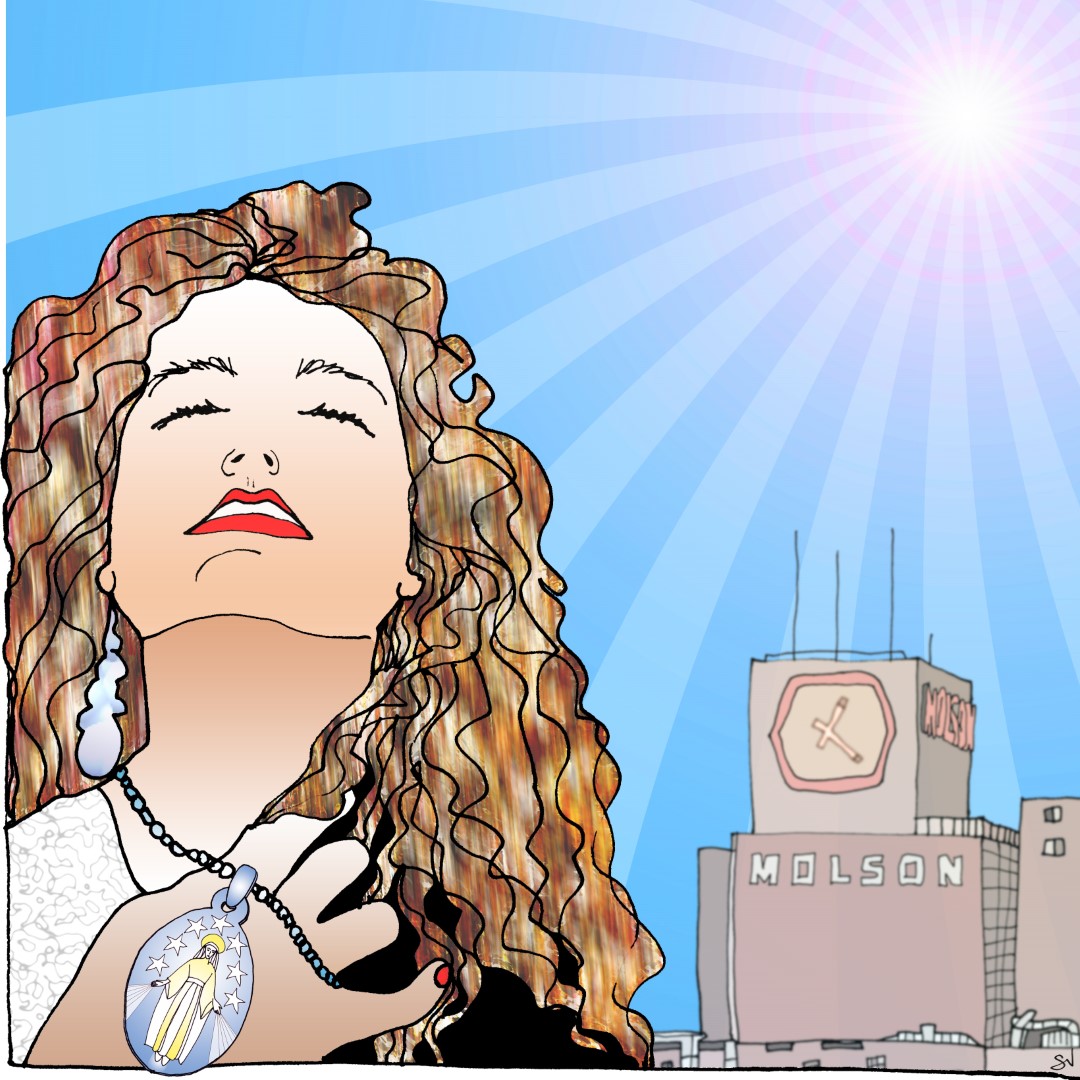 Carmen: une jeune femme aux yeux fermés, levant le visage vers le ciel envahi par les rayons d'un soleil rose, avec l'horloge Molson au fond.