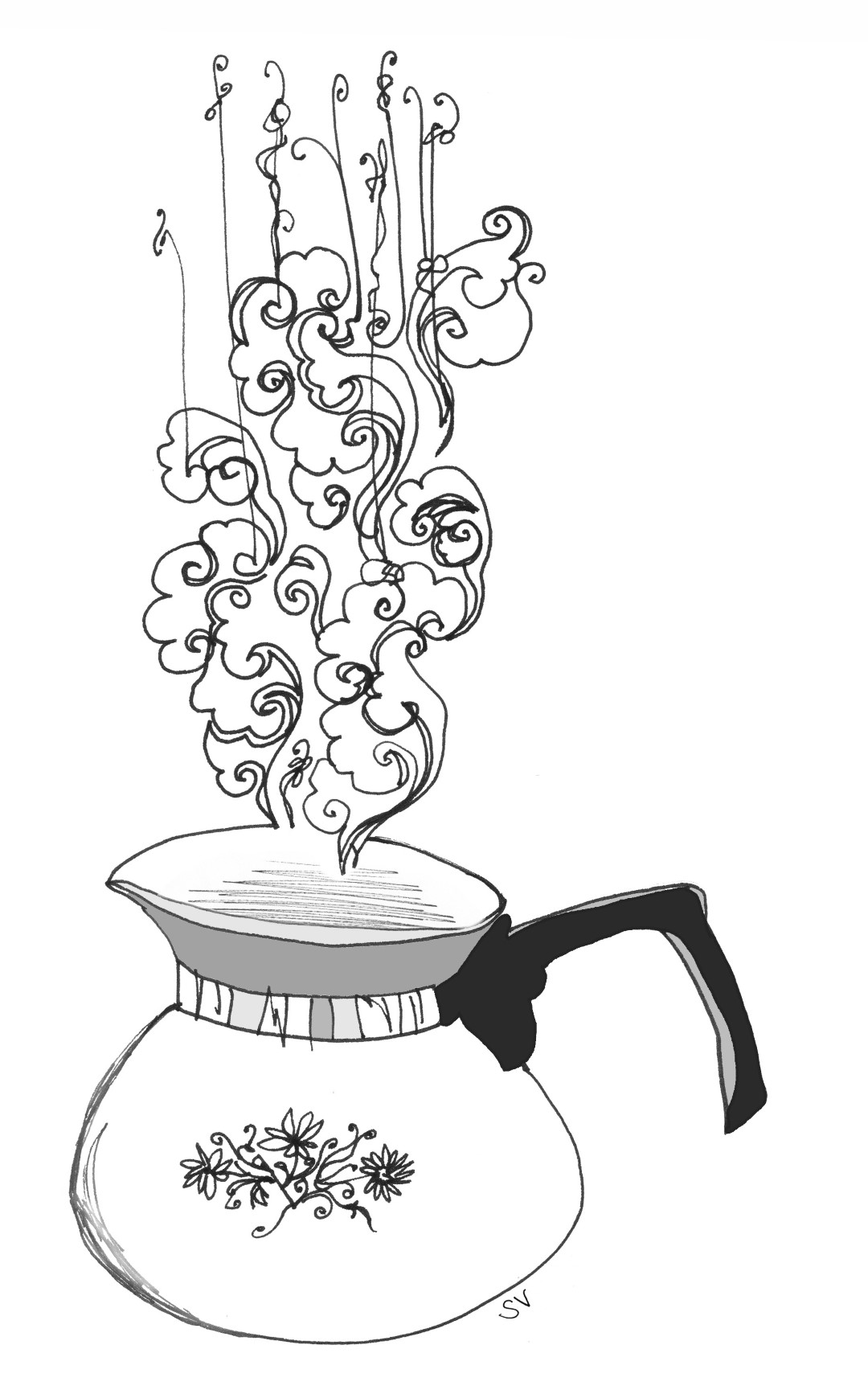 Une bouilloire Corning Ware blanche à poignée noire, ornée d'un motif de fleurs, dont s'échappe des volutes de vapeur tarabiscotées.