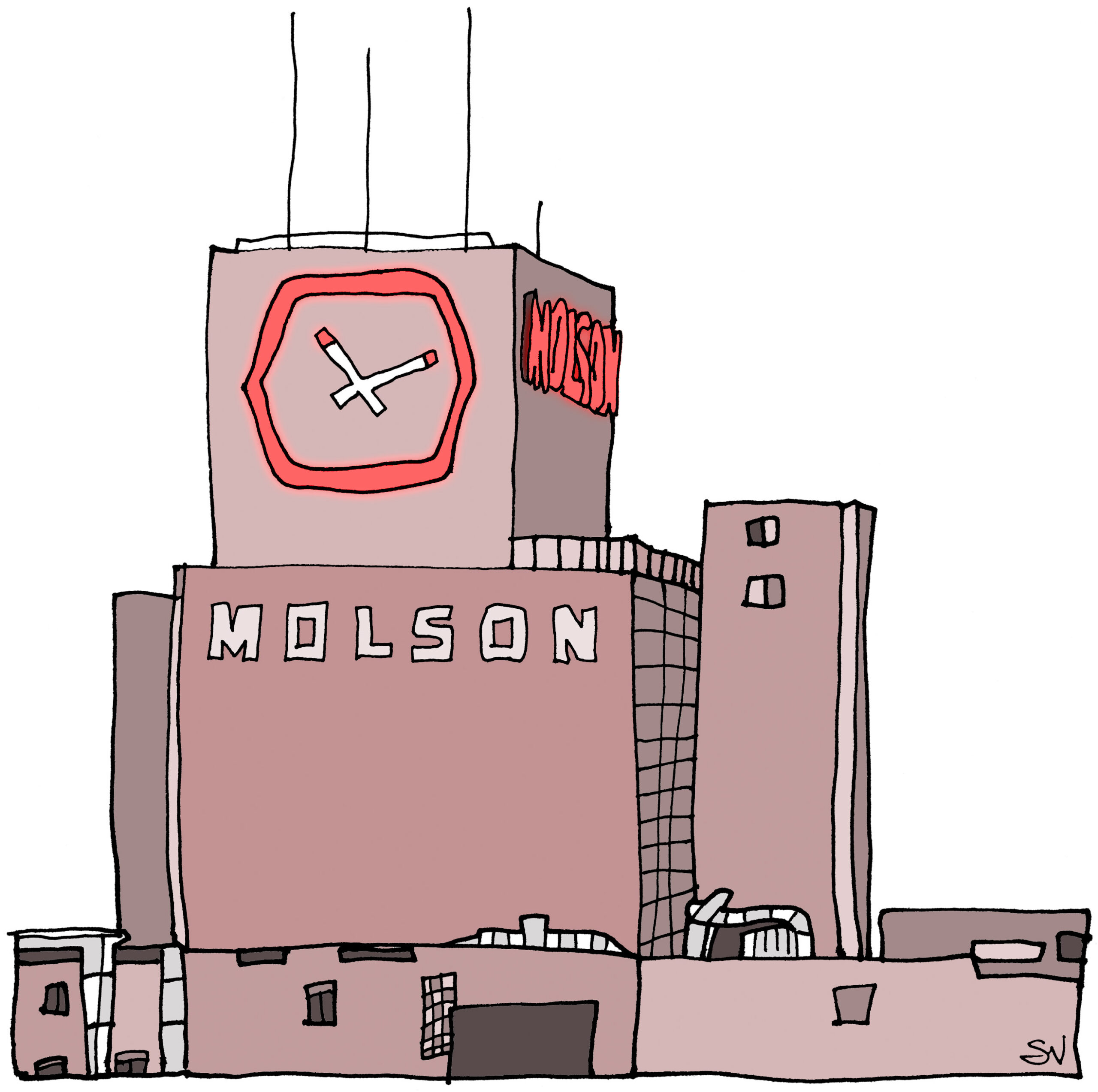L'ancienne brasserie Molson, avec l'horloge qui brille d'une lueur rouge et indique 11h11.