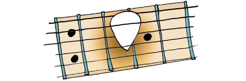 Un pick de guitare blanc glissé entre les cordes d'un manche de guitare jaune.