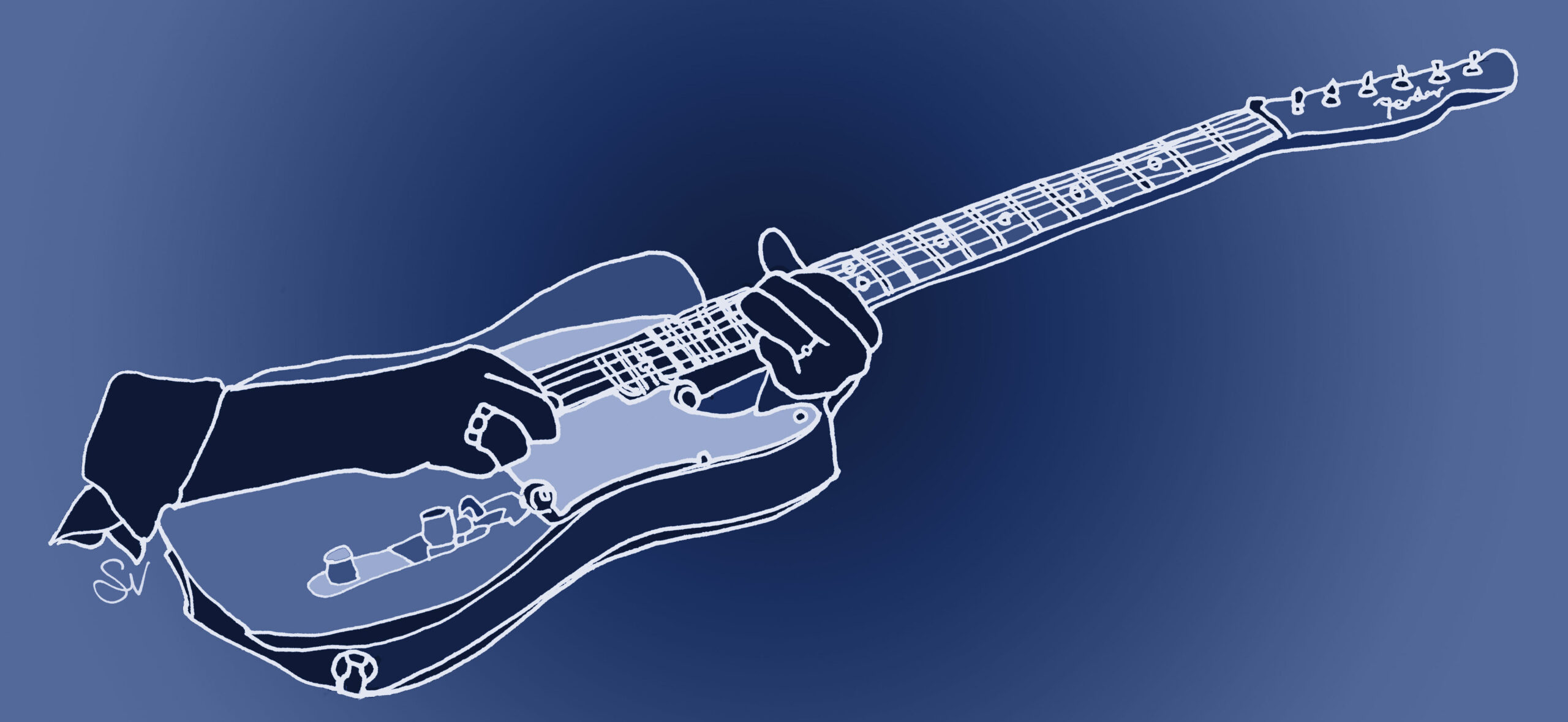 Entièrement en tons de bleus, les mains de Roy Buchanan tirant des gémissements de Nancy, sa Fender Telecaster 1953.