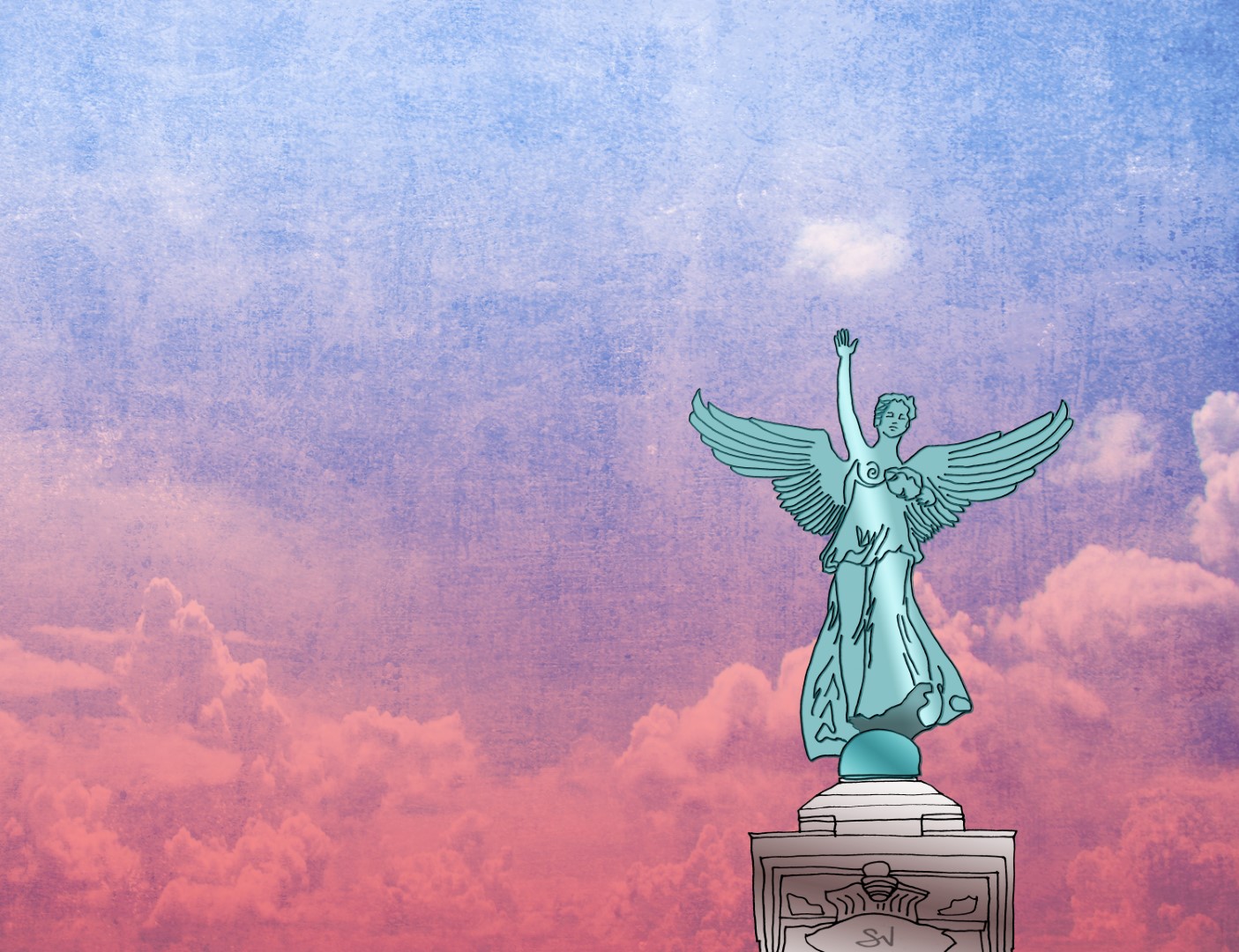 La "statue de l'ange" à l'entrée du parc du Mont-Royal, le bras levé vers un petit nuage blanc dans un ciel matinal allant du rose au bleu.