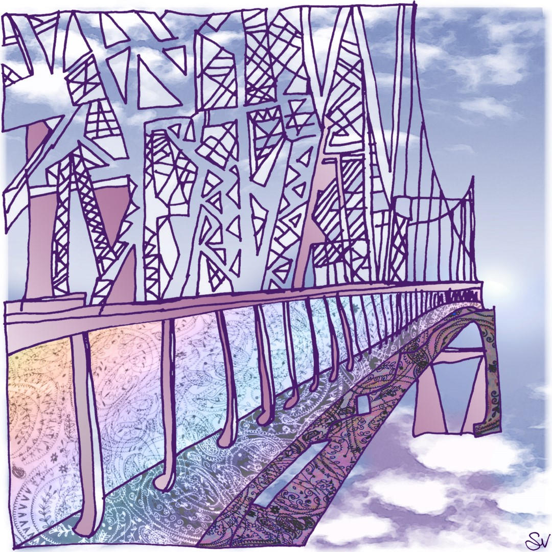 Le pont Jacques-Cartier s'élançant dans les nuages, couvert de motifs psychédéliques